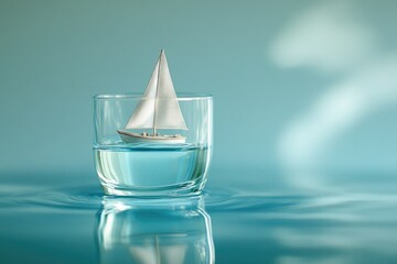 Fototapeta premium A miniature sailboat floats serenely in a glass of water, symbolizing adventure and dreams.