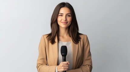 A poised female journalist with a friendly expression, holding a microphone and standing against a minimalist white backdrop, showcasing professionalism and charisma.