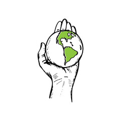 Cartoon doodle hand-drawn of a hand holding a globe, care and protection for the planet.