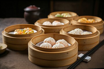 Various Chinese dumplings in bamboo steamers on a wooden table with chopsticks on the side.