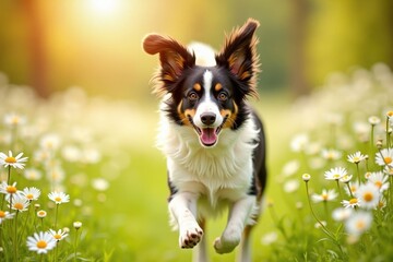 Fototapeta premium A spirited Border Collie runs joyfully through a field of daisies, its ears flapping in the wind. The bright sun illuminates the flowers, creating a beautiful and lively scene