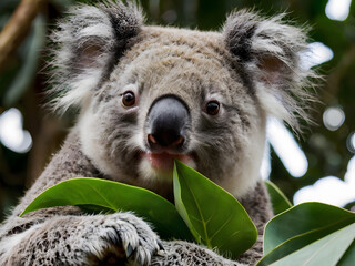 Obraz premium A koala enjoying eucalyptus leaves on a tree, showcasing its soft fur, relaxed expression, and the natural atmosphere of Australia's forests