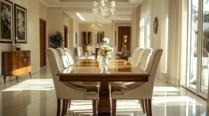 A polished wooden dining table with a glass top, surrounded by elegant chairs in a bright, luxurious dining area