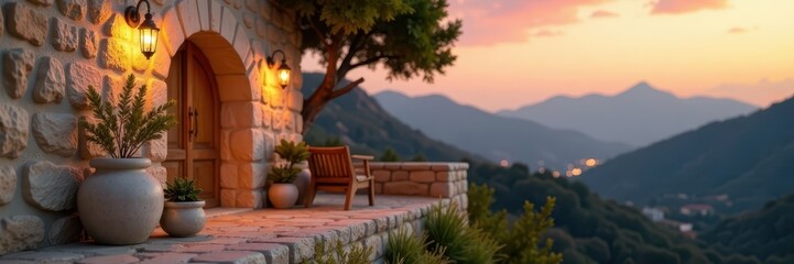 Soft focus on a beige-colored stone wall at dusk, serene atmosphere, rustic charm