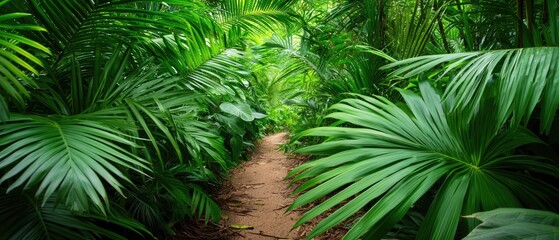 A dense, lush jungle path surrounded by vibrant green foliage and large palm leaves leading deeper into the wilderness.