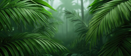 Lush green foliage fills the scene, creating a serene, tropical atmosphere with misty depths and vibrant palm leaves.