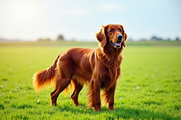 A majestic Irish Setter stands gracefully in a lush green field, its beautiful red coat shining in the sunlight. The open sky above and the gentle breeze create a serene and peaceful setting.
