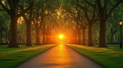 Obraz premium Golden Hour Pathway: A Serene Sunset Stroll