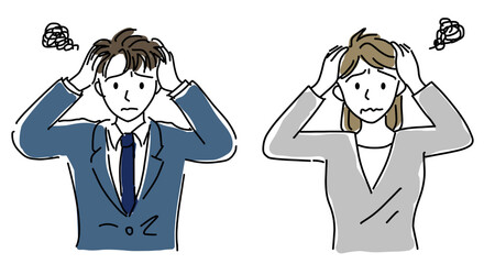 頭を抱えて困る男女のシンプル線画