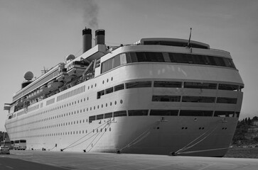 Classic cruiseship cruise ship liner Neo Classica docked in Dubrovnik, Croatia with island...