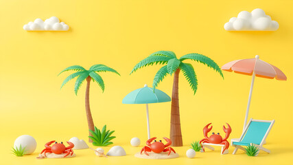 3d beach elements design including palm trees, crabs, parasol, etc. on yellow background. Generative AI