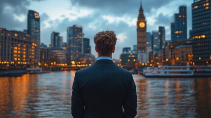 Young professional in business attire gazes at London’s skyline with Big Ben and city lights, origami-folding his jacket for a big work meeting, River Thames in view, evening ambiance.