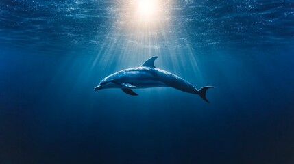 Laughing dolphin swims gracefully under sunlight in clear blue ocean waters