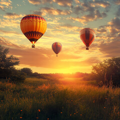 Fototapeta premium Hot Air Balloon Ride Sunset Background Photo