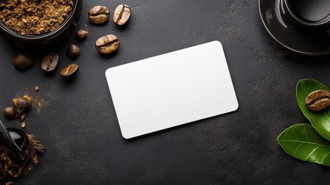 Coffee Shop Gift Card Mockup: A blank white gift card rests on a dark rustic surface, surrounded by coffee beans, ground coffee, and coffee leaves.