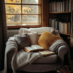 Cozy Reading Nook with a Sofa, Books and Plants