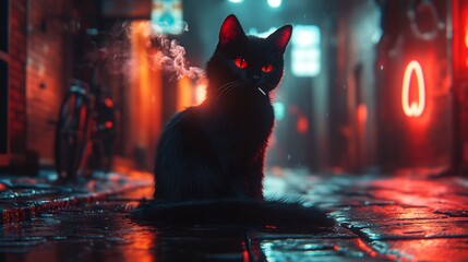 Mysterious Black Cat in a Neon-Lit Alleyway