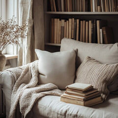 Cozy Reading Nook with a Sofa, Books and Plants