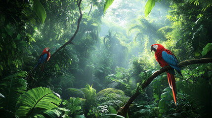 Jungle Rainforest with Tropical Parrots