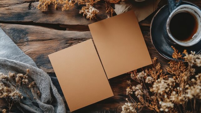 Rustic Mockup: Two blank cards rest on a rustic wooden surface, surrounded by dried flowers, a cup of coffee, and a fabric scarf. The setting creates a cozy and inviting atmosphere.