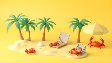 Obraz premium 3d beach elements design including palm trees, crabs, parasol, etc. on yellow background. Generative AI