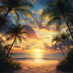 Sunset Paradise Background with Tropical  Palm Trees and Ocean Beach