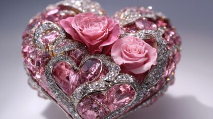 Fototapeta premium Heart-shaped Ornament Adorned with Pink Roses and Diamonds