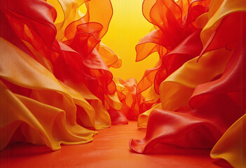 A long, narrow hallway with red and yellow fabric draped over the walls. The colors are vibrant and the fabric appears to be flowing, creating a sense of movement and energy