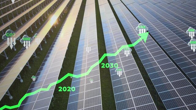 Aerial view of solar panels at sunset with a timeline of Paris Agreement goals, highlighting net zero by 2050 and CO2 reduction