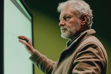 Senior man uses stylus to write or draw on a large touchscreen display.