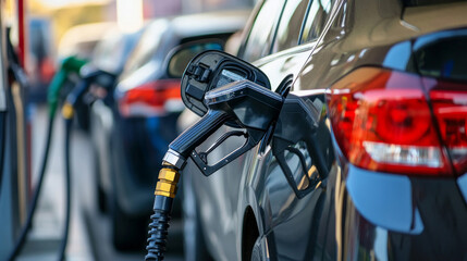 Long line of cars waiting for fuel at a busy gas station during peak hours in the city