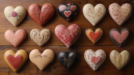 Fototapeta premium Rustic Hand-Painted Hearts on Wooden Background