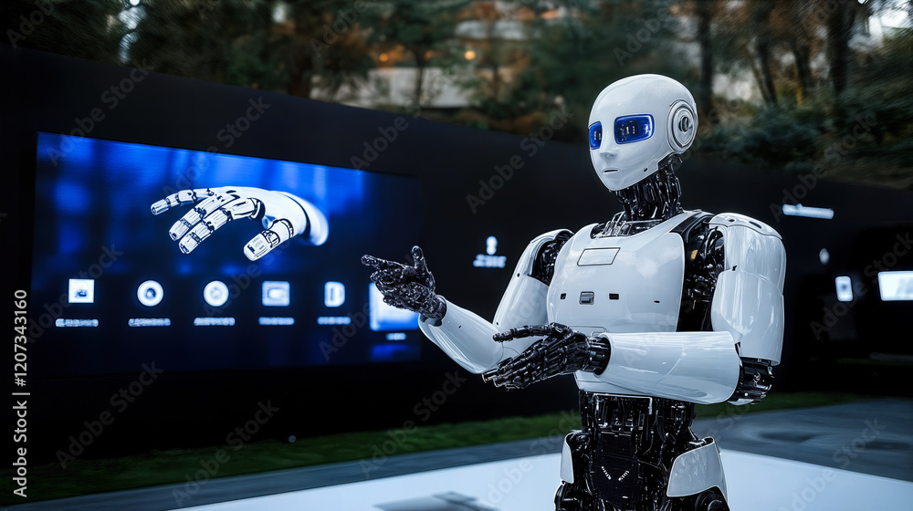 Poster humanoid robot prototype with advanced vision and dexterous robotic hand in technology showcase