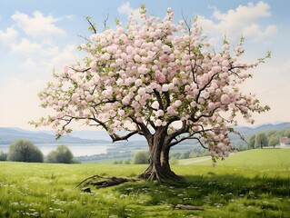 Obraz premium Fresh spring blossoms on a tree with a soft green meadow in the background