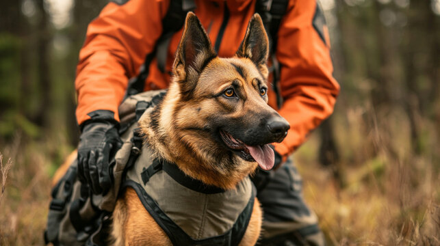 Search and rescue dog in protective gear assisting handlers in wilderness recovery efforts during a training exercise