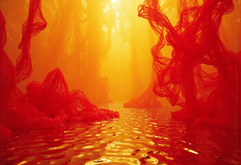 Fototapeta premium A red and orange forest with a river in the middle. The trees are made of red fabric