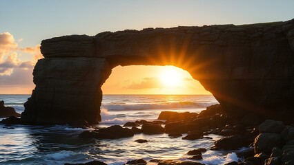 Seascape of sunrise over a stone rock arch on the ocean with the sun behind the scene. 