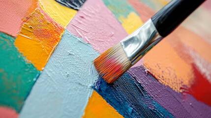 Obraz premium Close-up of a brush applying colorful paint on a textured canvas during art therapy painting