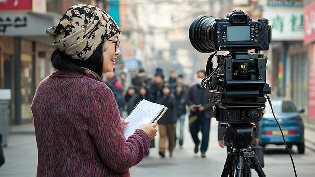 Filmmaker Directing Scene on Busy City Street