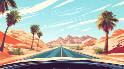 Convertible car drive road near mountain in sand desert landscape background. Palm tree on summer valley street with old cabriolet in australian trip. Cartoon vector vacation horizontal illustration