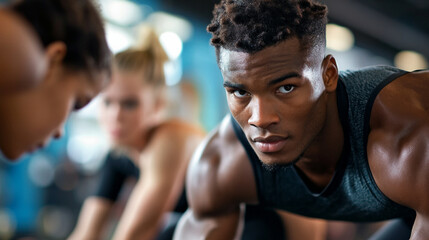 Fototapeta premium Individuals supporting one another during a fitness training session at a gym