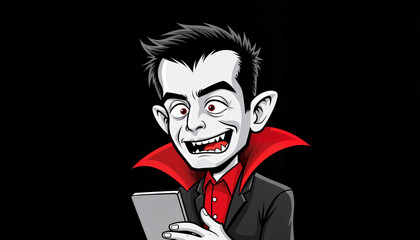 Cartoon vampire excitedly using smartphone against black background