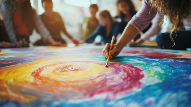 Group art therapy Painting session with participants painting a colorful spiral on a large canvas 