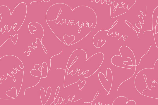 Fototapeta Seamless pattern of hearts and love inscriptions on pink background. Valentine's day, wedding day concept. Background for invitations, greeting cards, prints and posters. Modern minimalist illustratio