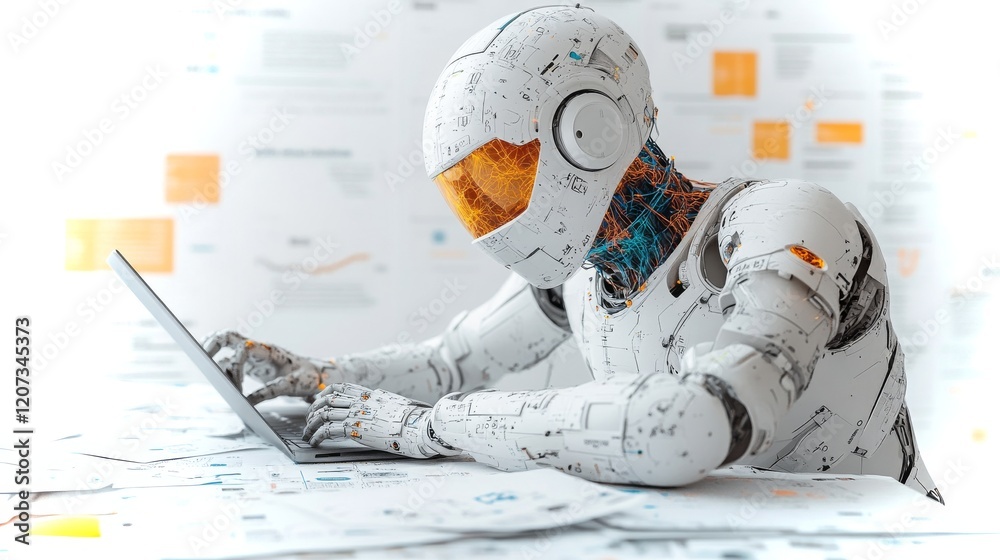 Poster advanced robot engaged in data analysis in a modern workspace with digital displays