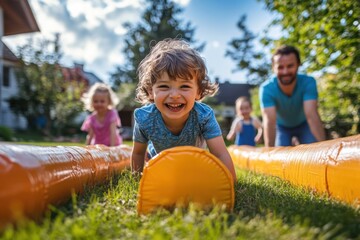 Children enjoying a backyard obstacle course while playing under the afternoon sun