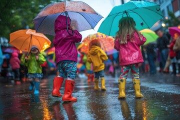 Kids joyfully dancing in the rain with colorful umbrellas in a lively urban setting