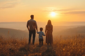 Family enjoys a sunset together on a hill overlooking a valley