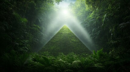 Obraz premium Mysterious Green Pyramid Surrounded by Lush Jungle, Sunlight Streaming Through Canopy, Evoking Ancient Secrets and Nature’s Grandeur in a Vibrant Setting