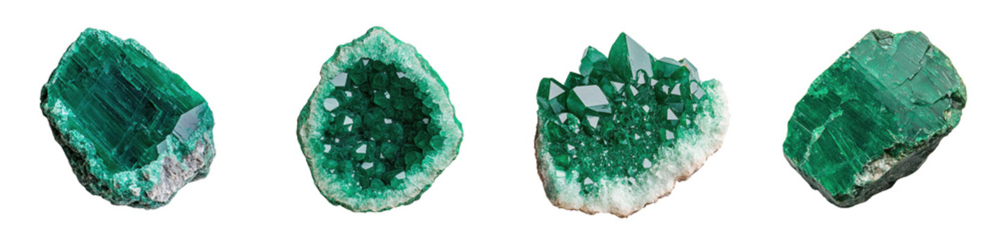 Stunning collection of raw natural emerald green crystal geodes with an incredible radiant and luminescent shine